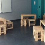 A Set Of Pallet Wood Chairs And Tables Placed On An Empty Classroom.