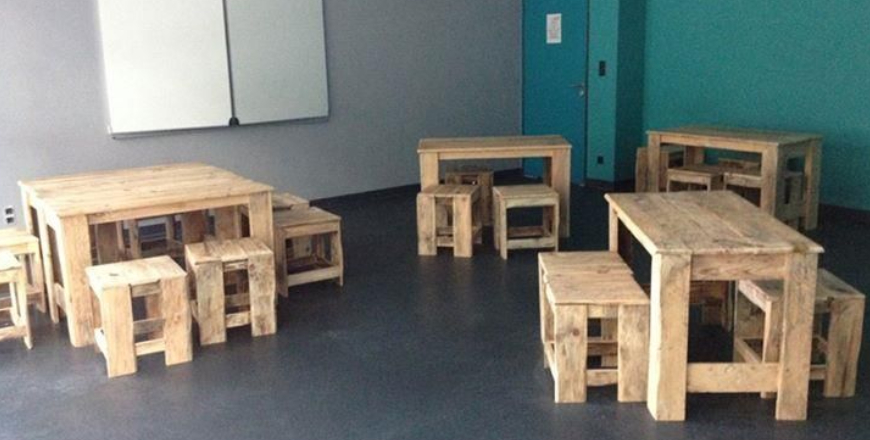 A Set Of Pallet Wood Chairs And Tables Placed On An Empty Classroom.